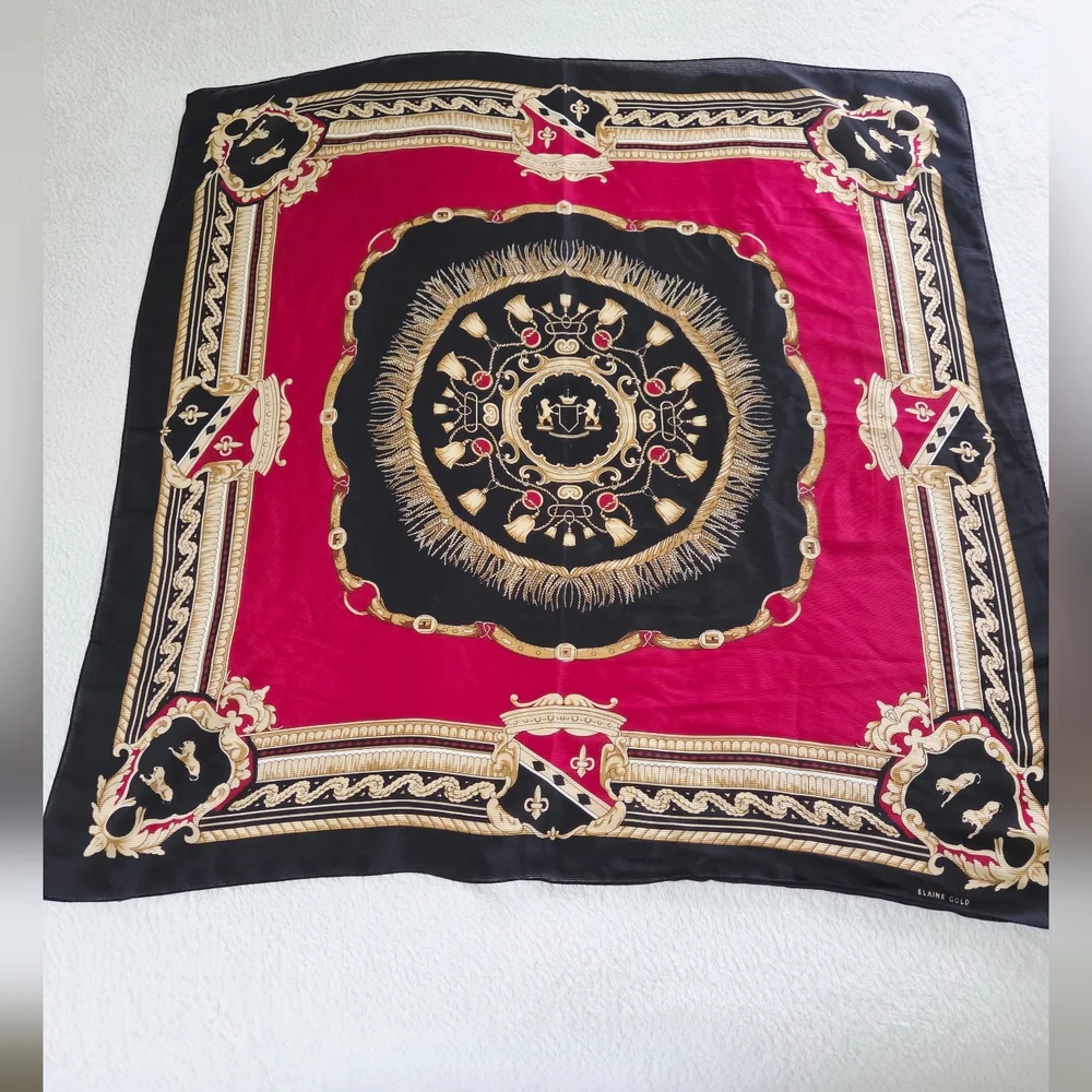 Vintage Elaine Gold 80s 90s ✨️ Elegant Black and Red Baroque-Print Women's Scarf